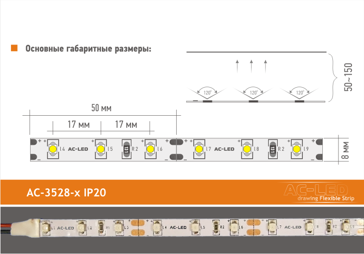 Основные размеры ленты серии AC-3528x IP20